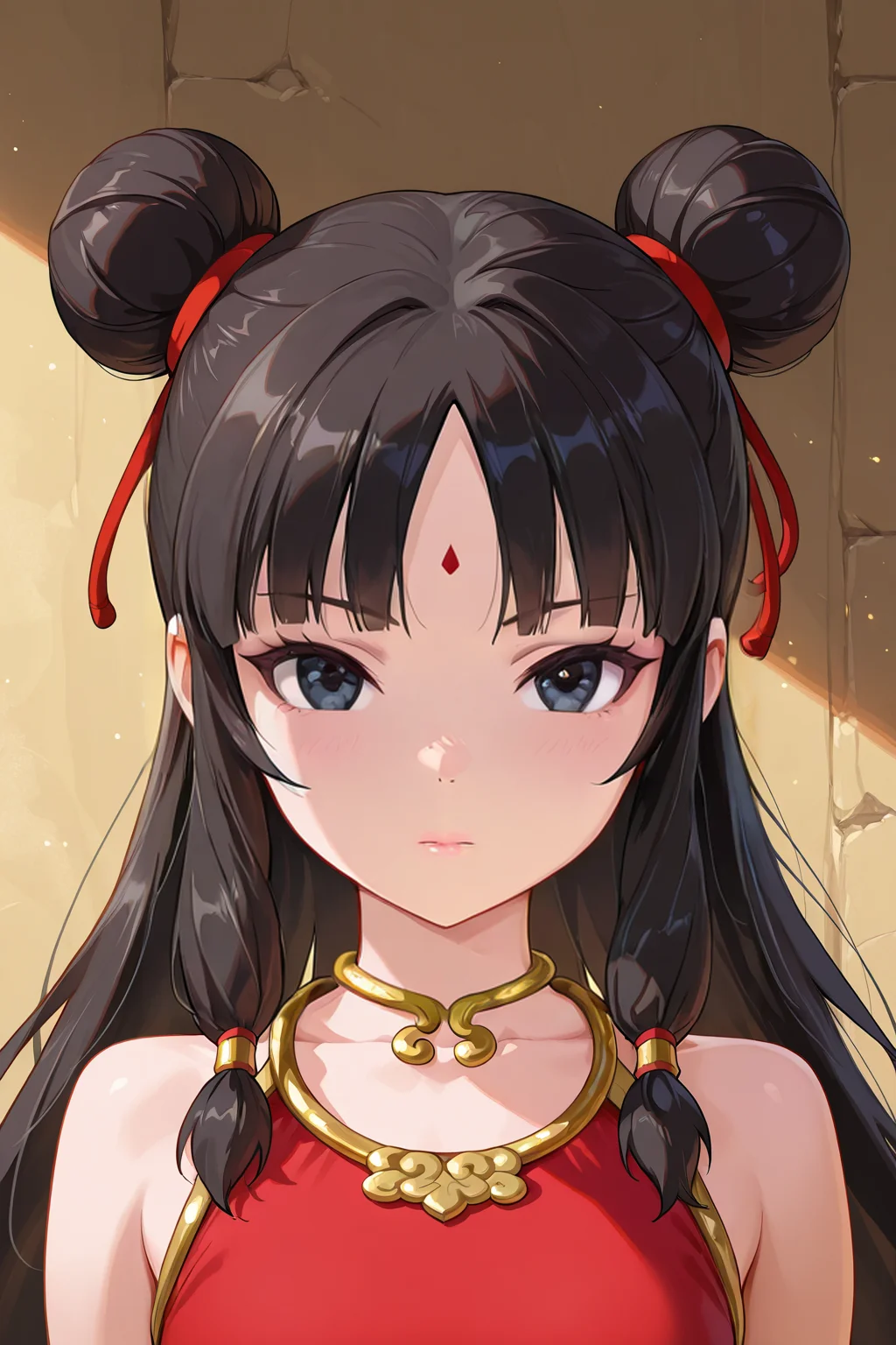 front view,
1girl,upper body,looking at viewer,
Best quality,masterpiece,soft light,official art,high quality,highres,absurdres,epic scene,natural textures,<lora:Feng Wa IL V2:1>,feng wa,long hair,black hair,black eyes,hair bun,double bun,forehead mark,gold choker,red dudou,