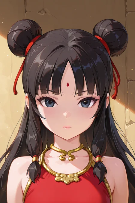 front view,
1girl,upper body,looking at viewer,
Best quality,masterpiece,soft light,official art,high quality,highres,absurdres,epic scene,natural textures,<lora:Feng Wa IL V2:1>,feng wa,long hair,black hair,black eyes,hair bun,double bun,forehead mark,gold choker,red dudou,