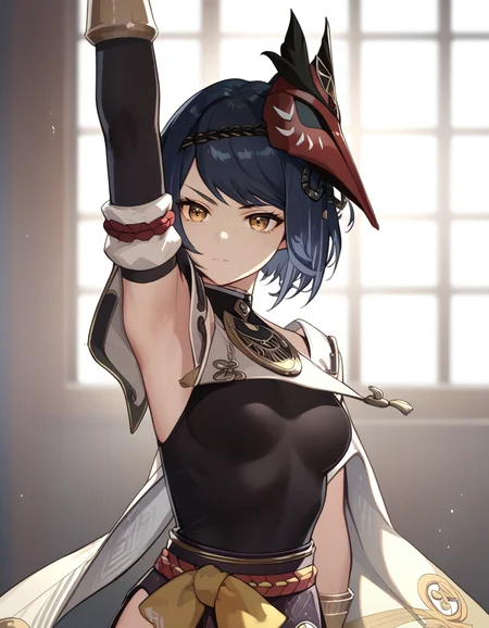 score_9, score_8_up, score_7_up, source_anime
<lora:kujou-sara-genshin-ponyxl-000025:1> ku70u5a4a, japanese clothes, leotard, mask on head, detached sleeves, elbow gloves, vambraces,
1girl, solo, stretching, gym