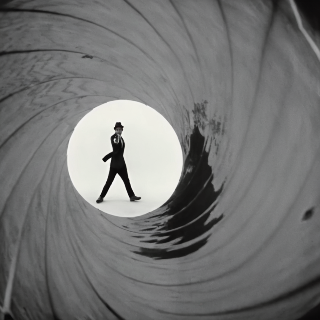 UHD, 4k, ultra detailed, cinematic, a photograph of <lora:Gun barrel sequence v2:1>
a man standing inside of a large black and white object aiming a gun at camera is see through a tunnel hole,solo,1boy,hat,standing,monochrome,male focus,pants,from behind , Gun barrel hole,  gun barrel's interior,  pinhole camera, Gun barrel sequence style, epic, beautiful lighting, inpsiring
