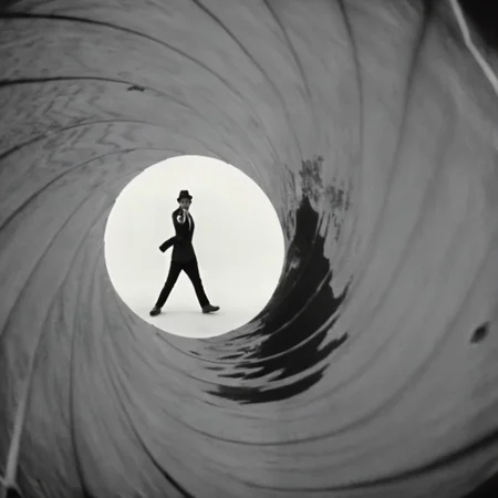 UHD, 4k, ultra detailed, cinematic, a photograph of <lora:Gun barrel sequence v2:1>
a man standing inside of a large black and white object aiming a gun at camera is see through a tunnel hole,solo,1boy,hat,standing,monochrome,male focus,pants,from behind , Gun barrel hole, gun barrel's interior, pinhole camera, Gun barrel sequence style, epic, beautiful lighting, inpsiring