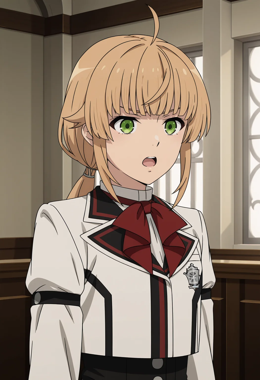 <lora:Norn Greyrat_illustrious-000054:1>,
Norn Greyrat,solo,open mouth,indoors,bow,red bow,white jacket,jacket,school uniform,upper body,long sleeves,bowtie,anime screencap