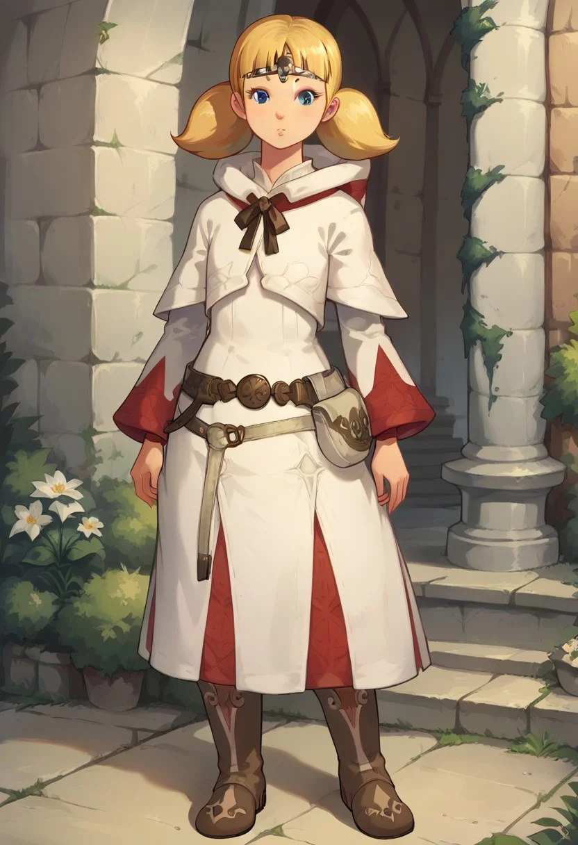 score_8, score_8_up, score_7_up, score_6_up, BREAK, 1girl, solo, female focus, penny_ig, blonde hair, twintails, blue eyes, flat chest, white mage, boots, belt, hood, pouch, robe, belt pouch, circlet, castle background, garden,