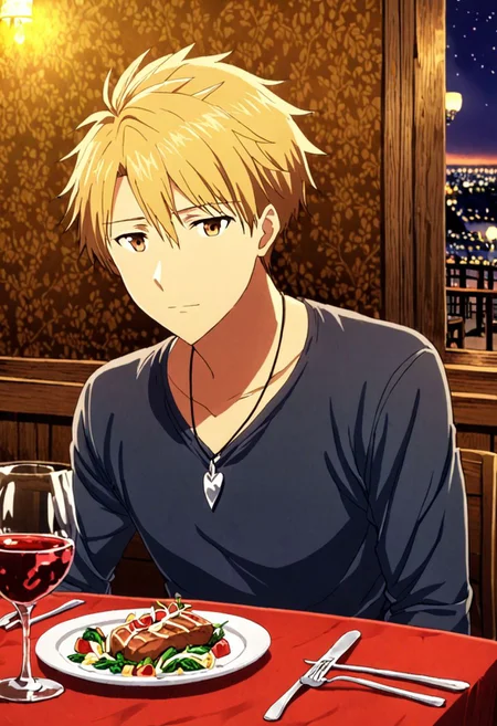 high resolution, solo, best quality, 1Boy, Yamato Ishida, Blond Hair, Necklace, dating, romantic, dinner, OverallDetail