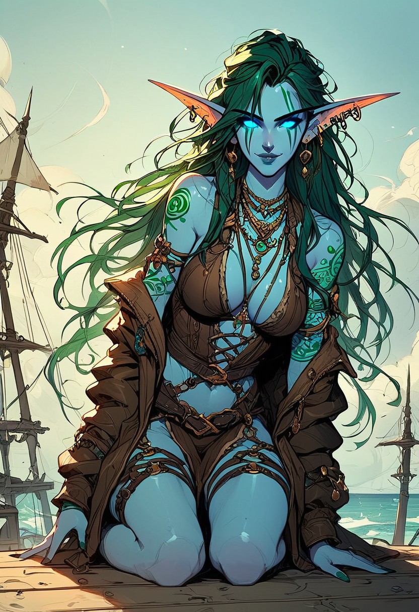 score_9, score_8_up, score_7_up, score_6_up, Expressiveh, masterpiece, (((High Resolution, Best Quality))), highly detailed, 
1girl, night elf, punk, mature, athletic, pointy ears, long ears, (white eyes, glowing eyes, white sclera), (pale blue skin, green warpaint, green facetattoo, green bodytattoo) pale blue lips, (dark green hair, messy hair, long hair, braids), (multiple piercings, multiple earrings, silver jewlery, leather necklaces), leather harness, leather clothes, leather coat, pirate attire, On a ship overlooking coast, Cloudy Sky, sexy, seductive smile, full body, dynamic angle