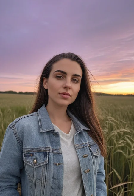 30yo american woman in a wheat field
Small eyes. Brown eyes.
Wearing ripped Denim jacket
no makeup. Clear skin. realistic skin style
Long dark black slick back hair. No makeup. Dusk, Street light. Looking at camera POV. Slight smile, tilting head.. Tilt head. Hands in head, face, lips.
Medium Close Up shot. Bokeh. Bokeh light. Sunset. yellow, purple sky.
