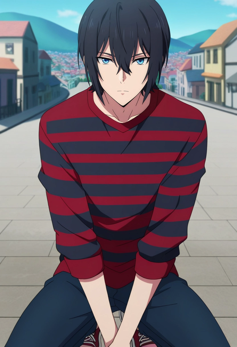 masterpiece, best quality, intricate details, anime screencap, anime coloring, , looking at viewer, 1boy, solo, male focus, <lora:ren_amaki_ilxl:0.9>, ren_amaki, black hair, blue eyes, hair between eyes, , focused, town, suburbs, noon, v arms, expressionless, Ruby Tartan Dressy joggers, Striped shirt, Suede sneakers, ,