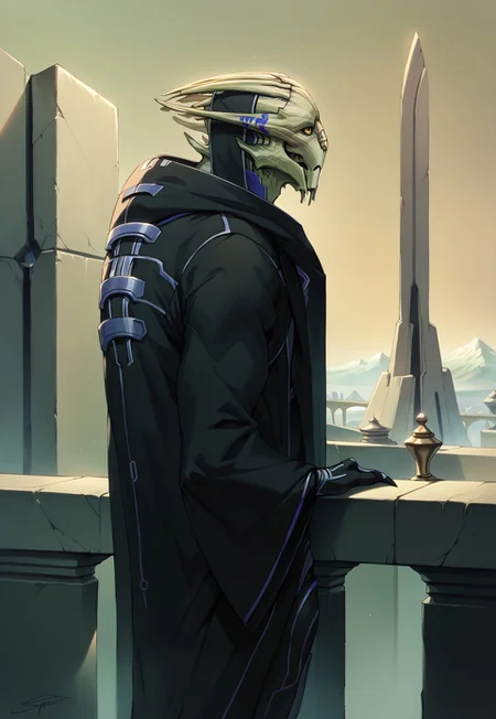 score_9, score_8_up, score_7_up, mass effect, BREAK, sarenarterius, 1boy, male, alien, solo, black formal clothes, clothing, hood, yellow eyes, black sclera, looking away, standing on balcony, leaning against balcony, open mouth, outdoors, city skyline, monumental architecture, Cyberpunk Architecture, detailed background, science fiction, scifi, futuristic, future, mountains in the background, cowboy shot