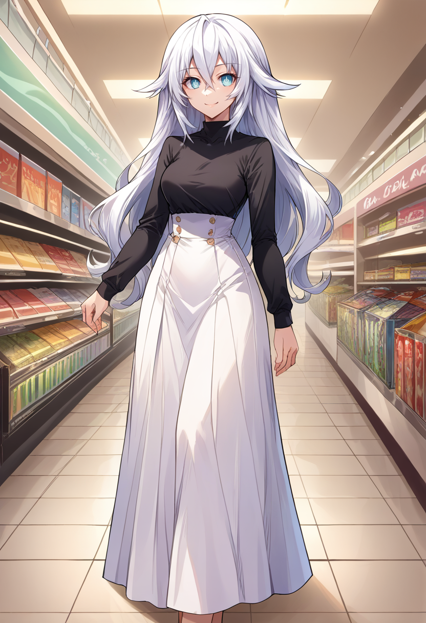 score_9, score_8_up, source_anime, 1girl, solo, BlackHeart, power symbol-shaped pupils, high-waist skirt, long skirt, white skirt, black shirt, long sleeves, smile, standing, indoors, shopping mall, <lora:ChamBlackHeartPonyXL:1>