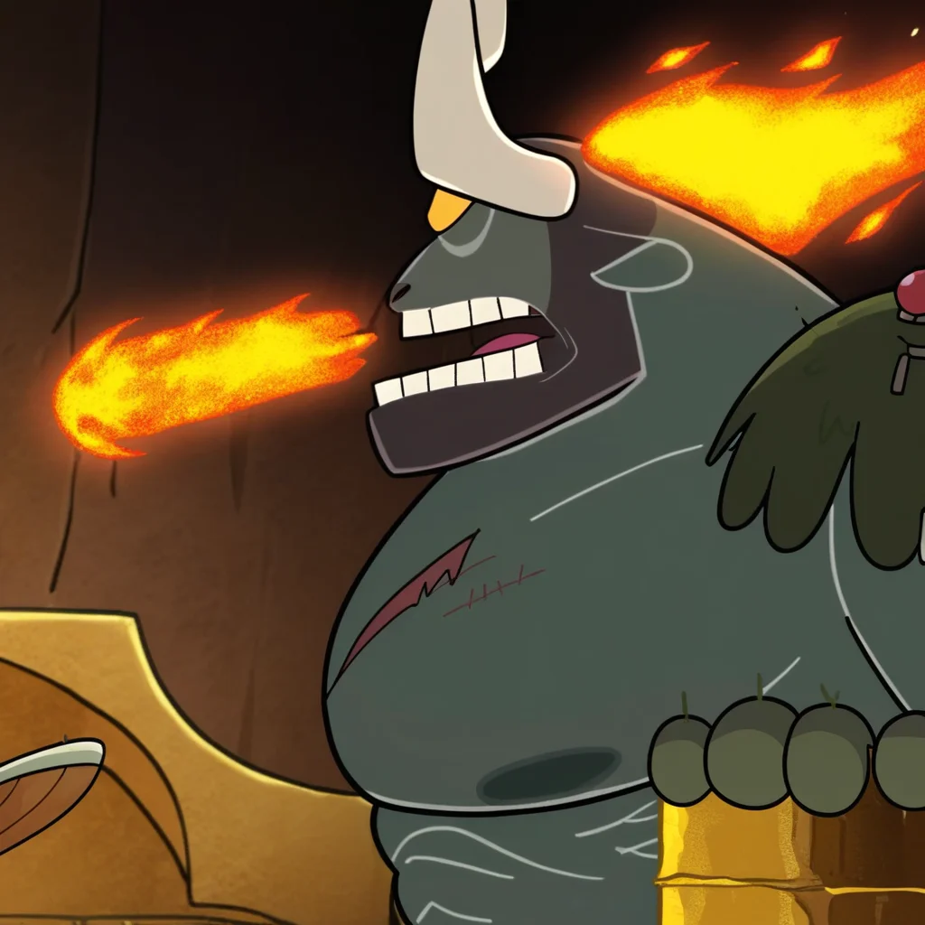 from side, open mouth, holding, abs, head out of frame, fire, weapon, no humans, horns, moss on shoulders, pectorals, teeth, muscular male, parody, scar on chest, size difference, Leaderaur, throne, animal focus, 1boy, , planted sword, colored skin