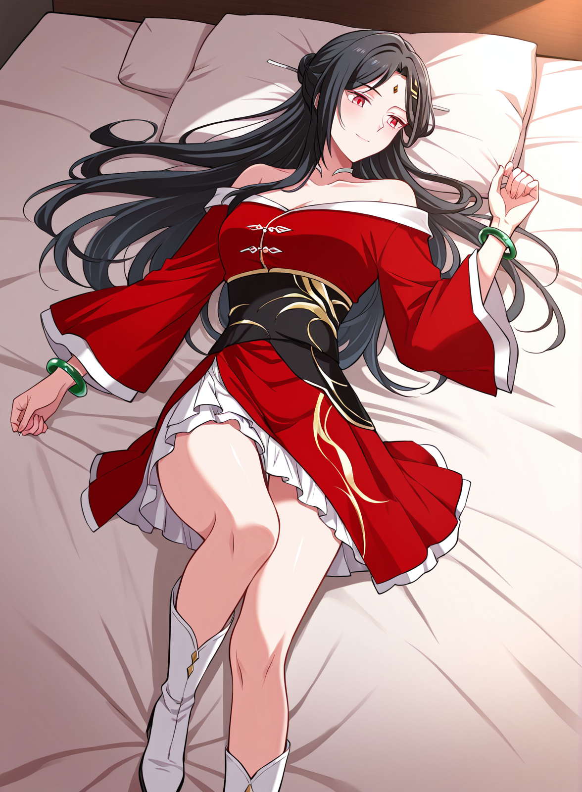 <lora:Martial_Peak__Xue_Yue:1>
1 girl, solo, long hair, black hair, side braid, hair ornament, red eyes, forehead jewel, hairpin, forehead jewel, 
chinese dress, red off shoulder dress, long sleeves, black and gold obi, wide sleeves, open side slit, layered skirt, bare shoulders, white boots, jade bangle
score_9, score_8_up, score_7_up, score_6_up, source_anime, masterpiece, best quality, top-down view, a beautiful woman lying on a bed, relaxed pose, long flowing hair spread on the pillow, soft lighting, cozy bedroom, gentle expression, delicate sheets, natural shadows, serene atmosphere, slight perspective distortion from above