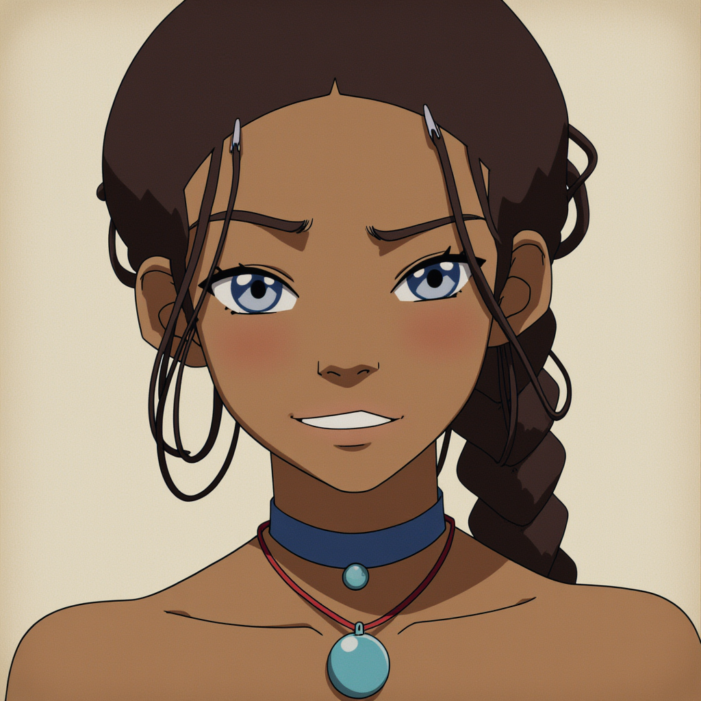 depicting an explicit sexual scene. the central figure is a young woman with a light brown skin tone, mischievous expression on her face. she is completely nude, depicting a young woman with a light brown skin tone, and she wears a blue choker with a blue pendant., gentle smile. her physique is slender with small, secured with a red hair tie. the braid is intricately woven with a visible pattern of alternating dark and light strands., dark brown hair styled in loose waves, silver hair ties., her eyes are blue