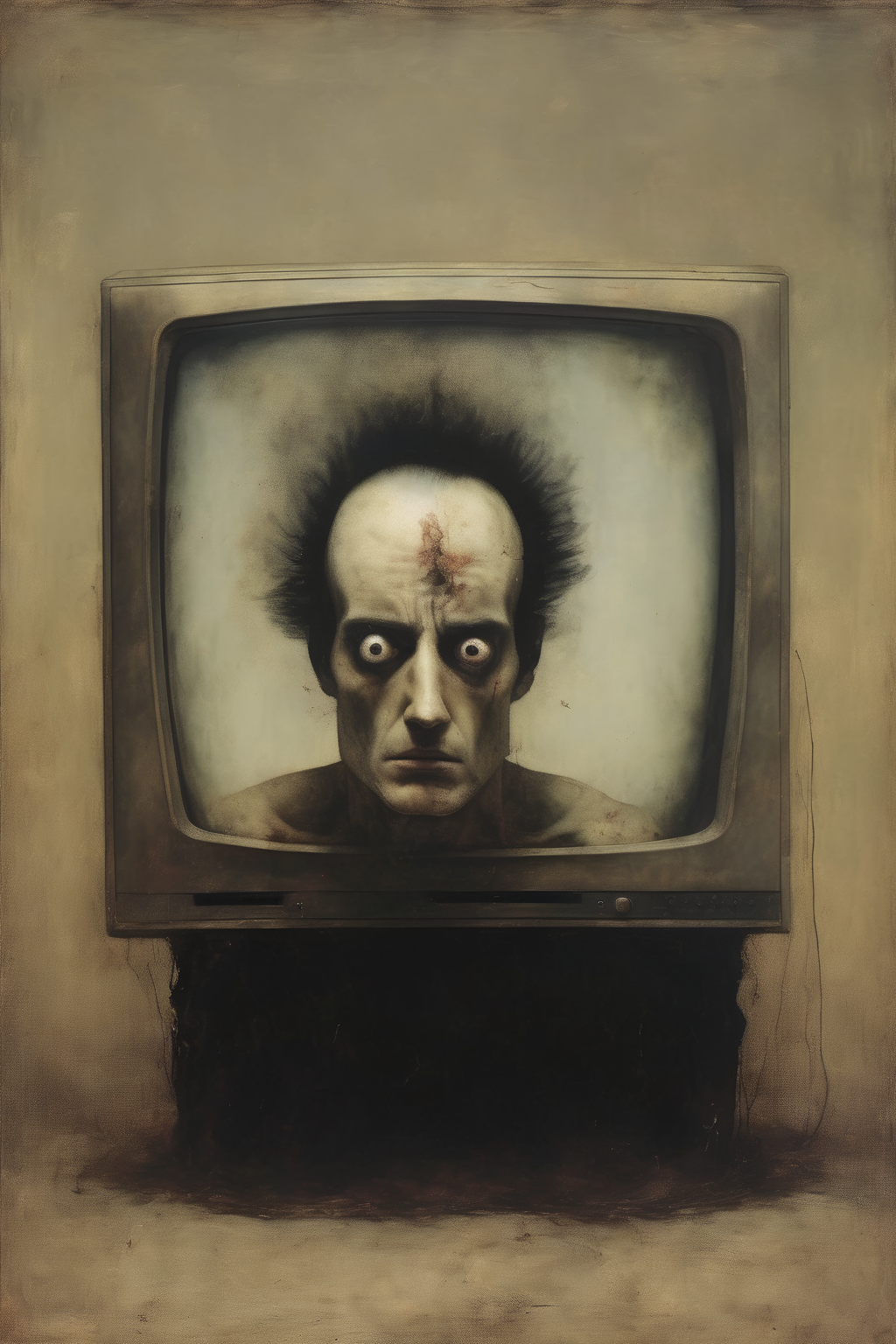 <lora:Santiago Caruso Style:1>Santiago Caruso Style - man with his head inside of a tv in the style of Francisco de Goya y Lucientes