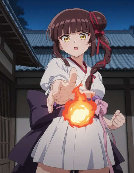 absurdres,highres,masterpiece,best quality,amazing quality,outdoors,
foreshortening,anime screencap,
looking at viewer,dynamic pose,
night,east asian architecture,town,
open mouth,((cowboy shot,close-up)),
standing,fighting stance,holding fireball,fire aura,one hand up,reaching towards viewer,
BREAK
<lora:vampire_princess_miyu_illuV01_b3g2plw09c08_d16a8_lr1600_rvs:1>,
Miyu_VPMTV,brown hair,long hair,red tress ribbon,single side bun,single braid,hair over shoulder,blunt bangs,yellow eyes,white short kimono,puffy sleeves,three-quarter sleeves,white sleeve cuff ribbon,pink waist ribbon,purple sash,purple back bow,