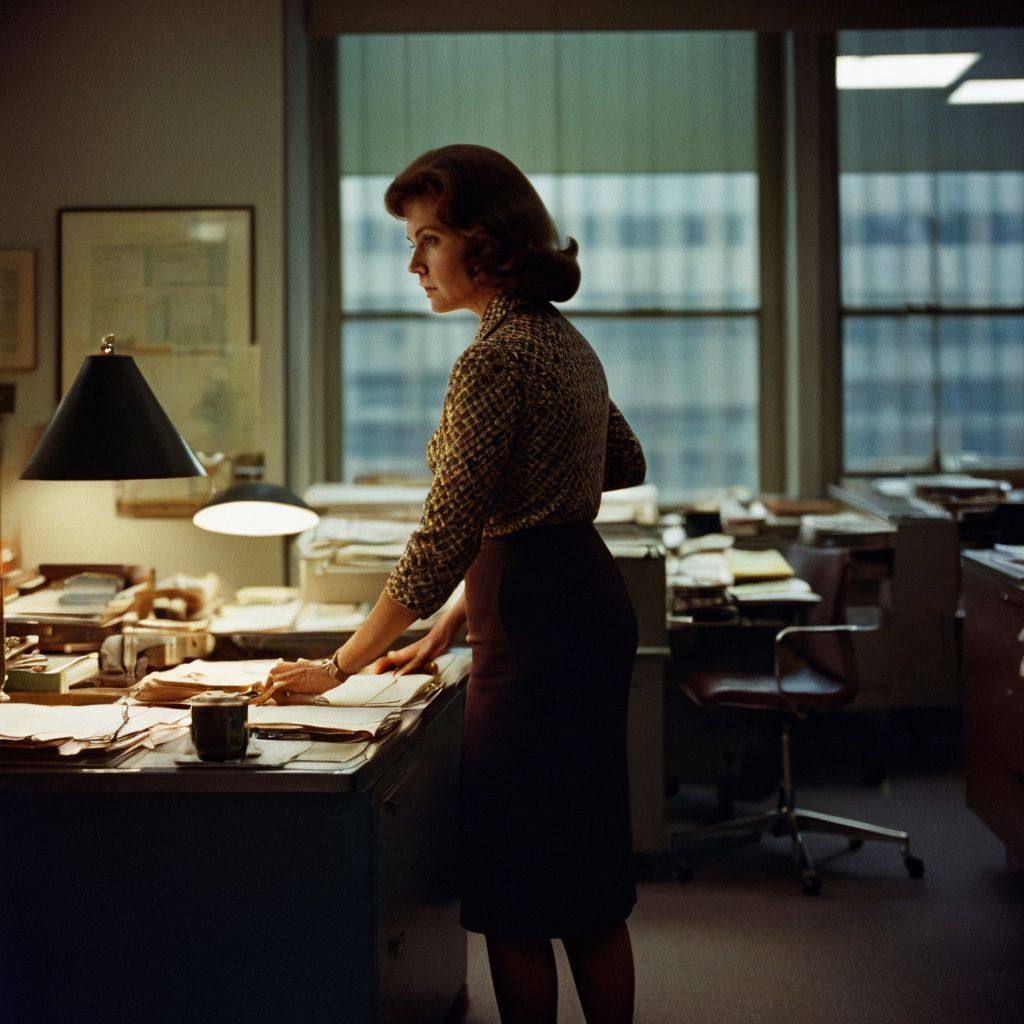 film photography style a moody picture of a 1960s woman working in an office in New York <lora:FILM_PHOTOGRAPHY_STYLE-000017:1>