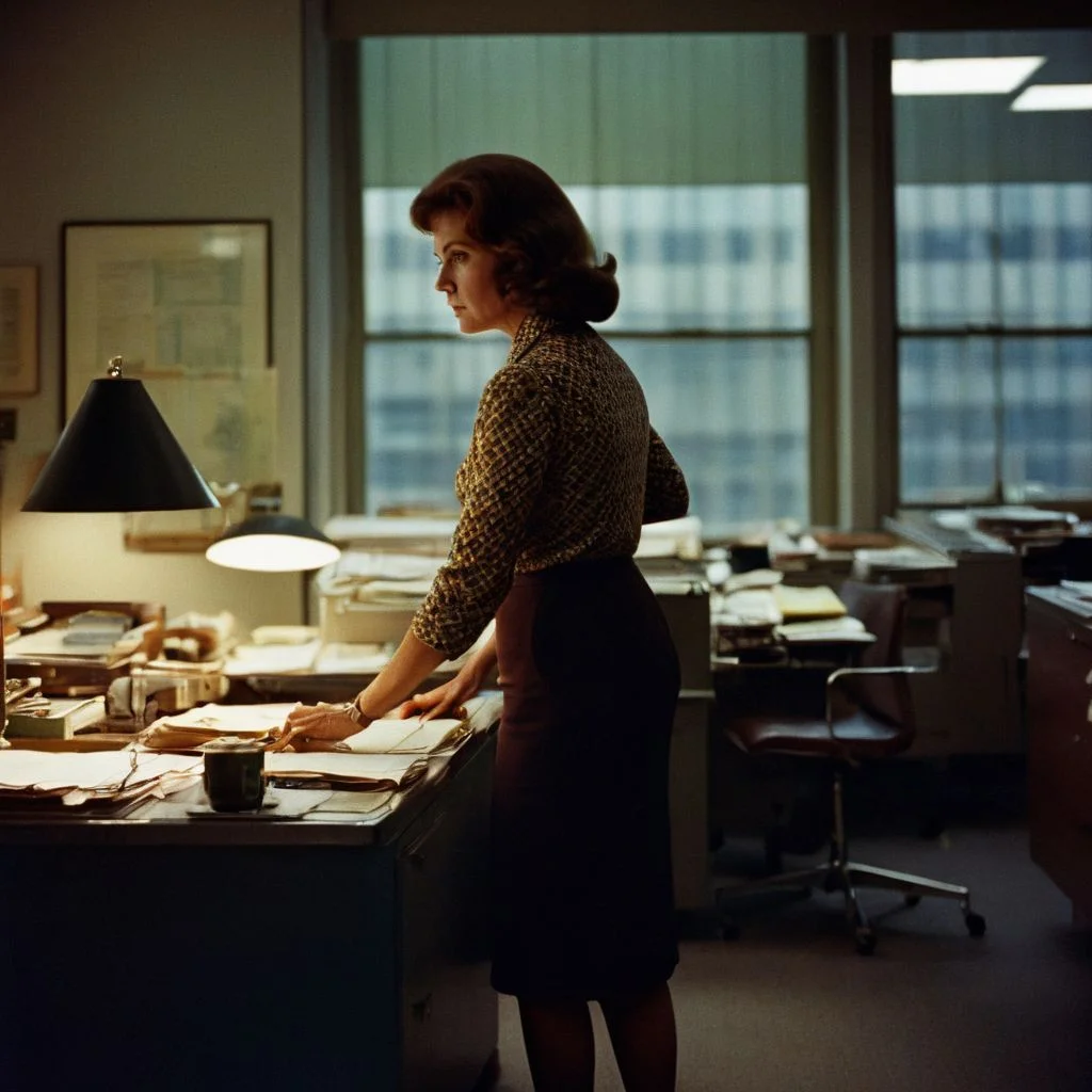 film photography style a moody picture of a 1960s woman working in an office in New York <lora:FILM_PHOTOGRAPHY_STYLE-000017:1>