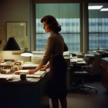 film photography style a moody picture of a 1960s woman working in an office in New York <lora:FILM_PHOTOGRAPHY_STYLE-000017:1>