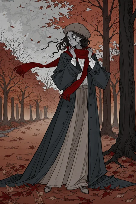 Detailed, details, gloomy, falling autumn leaves, autumn, outdoors, windy,
low light,
woman, casual clothes, scarf on neck, black overcoat, hand on scarf, hat, <lora:IrenHorrors-illustrious:1> irenhorrors,