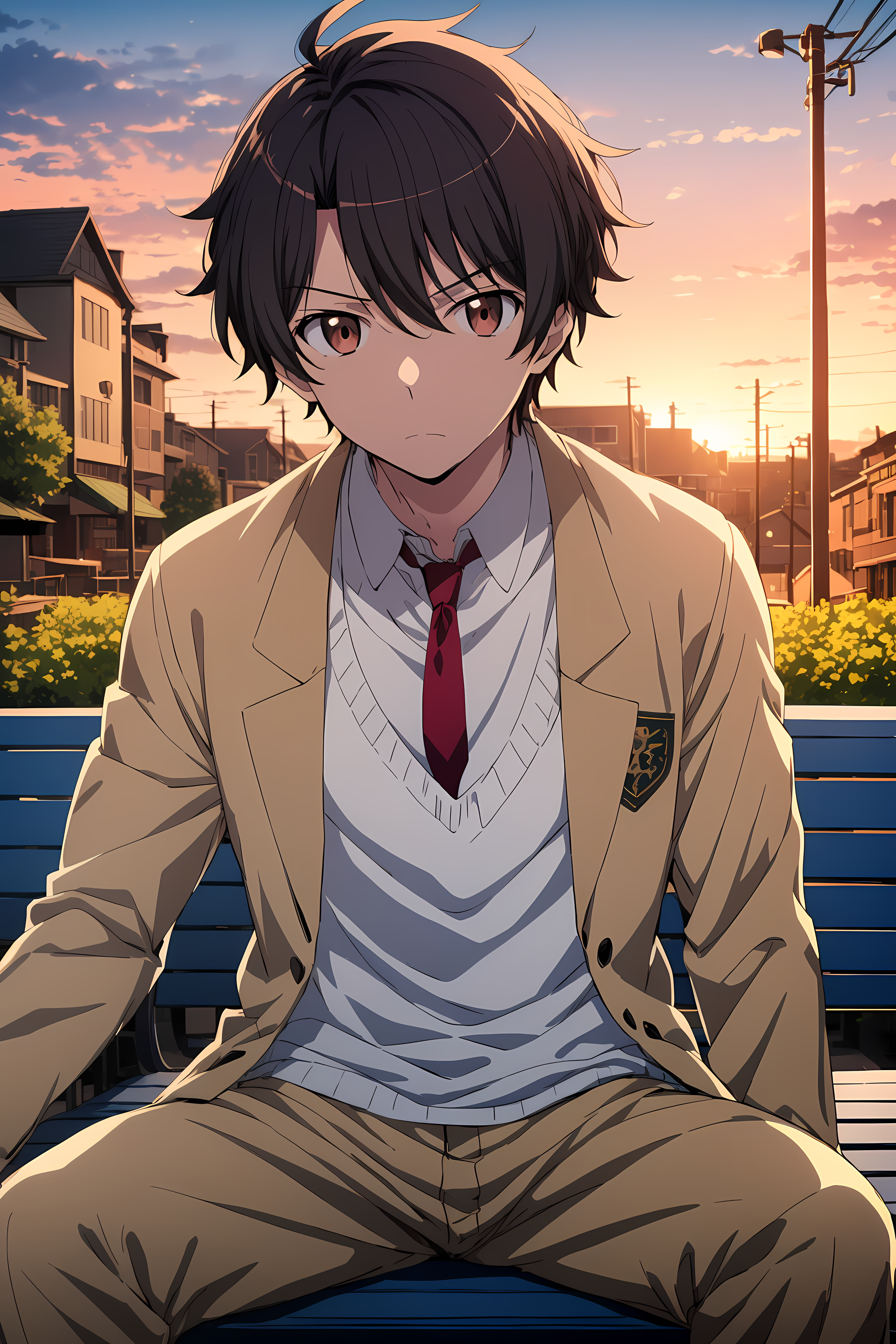 1boy, mature, (muscular:0.8), <lora:AZ_Inaho_SD_1:0.8>, Inaho Kaizuka, cowboy shot, brown coat, white shirt, red necktie, 
sitting on park benches, sunset, serious face, looking at viewer, 
 cinematic shot, focus, blurry background, bokeh, depth of field, <lora:add_detail:0.7>