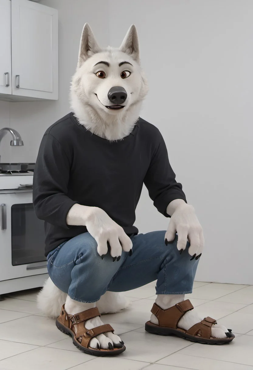 core_9, score_8_up, score_7_up, score_6_up, score_5_up, score_4_up, detailed fur, detailed face, Gary, Wolf, Timberwolf, brown eyes, White fur,gary, big chin, anthro wolf, solo,dressed green t-shirt,long jeans, brown sandals, paws claws, 1 boy, shrugging, smilingsmile, open lips laughter,sitting in the kitchen with his wolf cubs.