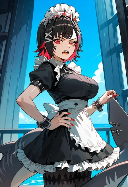 score_9,score_8_up,score_7_up,source_anime,ELLEN_JOE,1girl,solo,breasts,open mouth,large breasts,hair ornament,dress,short sleeves,pantyhose,frills,teeth,virtual youtuber,puffy sleeves,nail polish,black dress,streaked hair,from side,apron,puffy short sleeves,black pantyhose,wrist cuffs,hand on own hip,maid,maid headdress,leaning forward,frilled dress,sharp teeth,x hair ornament,red nails,anger vein,maid apron,fins,shark tail,shark girl,