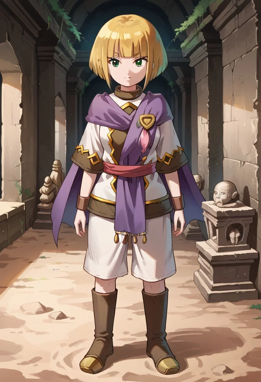 score_8, score_8_up, score_7_up, source_anime, anime screenshot, 1girl, female focus, solo, Sheba_GS, blonde hair, bob cut, blunt bangs, side locks, short hair with long locks, green eyes, cape, brooch, tunic, short sleeves, sash, bracer, white shorts, shorts, knee boots, brown footwear, full body, standing, Angkol_ruins, indoors, sand, statue, ruins, moss, hallway,