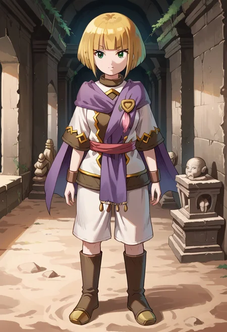 score_8, score_8_up, score_7_up, source_anime, anime screenshot, 1girl, female focus, solo, Sheba_GS, blonde hair, bob cut, blunt bangs, side locks, short hair with long locks, green eyes, cape, brooch, tunic, short sleeves, sash, bracer, white shorts, shorts, knee boots, brown footwear, full body, standing, Angkol_ruins, indoors, sand, statue, ruins, moss, hallway,