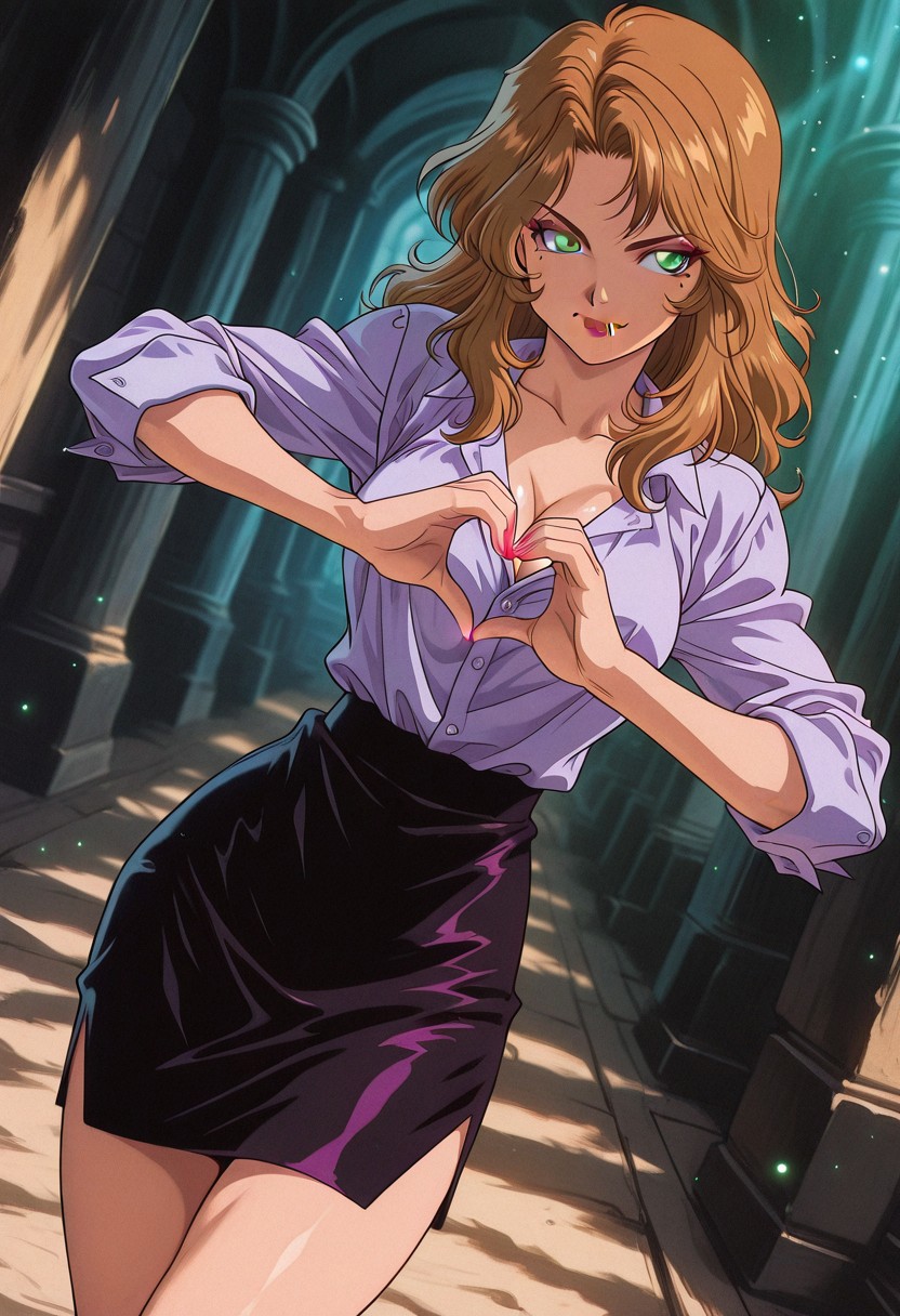 AgnesJoubertTB, 1girl, solo, curvy body, brown hair, upper-back length hair, wavy hair, bangs, green eyes, eye shades, full lips, red lipstick, makeup, mole, large round breast, cleavage,  lilac purple button up shirt, sleeves is rolled up to her elbows, collar, collarbone, eggplant-purple pencil skirt, cutout skirt, eggplant-purple shoes, wide hips, nail polish, high heels,
,seductive pose, sexy pose, tease, 
masterpiece, best quality, fine details, intricate details, depth of field, subsurface scattering, bokeh,
 ultra-detailed, very aesthetic, detailed background, newest, scenery, highres, absurdres, colorful, vibrant, glowing, perfect face, 2d, perfect eyes,  vibrant saturated colors, volumetric lighting, sharp, detailed eyes, perfect anatomy,  perfect face, perfect eyes, mature body, clear eyes, beautiful eyes, athletic, curvy body, athletic girl, perky tits, perfect tits, round breasts, pinup pose, teasing, lustful expression, perfect hands, 
muscular female, dutch angle, 
 smile, heart hands,hearts,,
,Smooth Negative, Smooth_Quality,
90s_anime_aesthetic, 1990s (style), retro, retro artstyle,dark_fantasy_style, dark fantasy, retro,