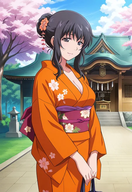 1girl, solo, masterpiece, best quality, anime screenshot, sachi, black hair, black eyes, long hair, bangs, medium breasts,cleavage, light smile,
long hair,BREAK japanese clothes, kimono, bag, sash, obi, floral print, yukata, (orange kimono:1.5), hair bun, single hair bun, hair ornament, own hands together,standing,shrine,outdoor,tree,cloud sky,park,cherry blossom,cowboy shot,