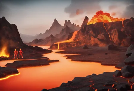 very high quality, very high detail, masterpiece, hyperdetailed, hyper-realistic, photorealism, cinematic lightning, 12k, on fire, fire landscape, evil Samus Aran, pyromancer, hellscape, fire tornado, flames, molten rock, lava river,