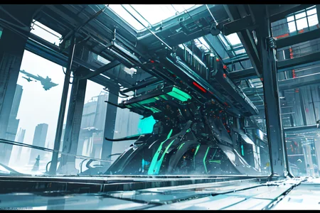 highly insanely detailed, masterpiece, top quality, best quality, highres, 4k, 8k, RAW photo, (very aesthetic, beautiful and aesthetic),
tsutomu nihei,nihei_tsutomu,blame!,blame gakuen!,abara,TNstyle,sidonia_no_kishi,(megastructure in background),dark sky,black sky,bones,cables,tubes,industrial pipes,walkway,lantern,letterboxed,wire,bridge,ventilation fan,ventilation shaft,gauna,gauna mech,clouds,
<lora:blameLora_v10:0.3>,
(1girl:1.3),
solo focus,
(beautiful detailed glow,beautiful detailed ice,beautiful detailed water,snowflake),neon green background,neon yellow background,neon blue background,(colored marble background,bold color background),âââ