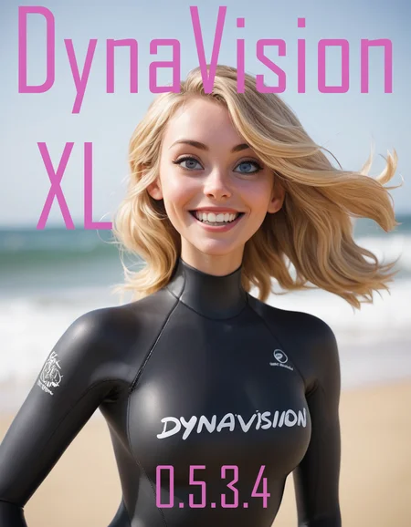 holding a sign in her hands up over her head with the text, "DYNAVISION" BREAK with a look of joy on her face, + / A blond woman on the beach, wearing a surfing wetsuit, bokeh, big eyes, cartoon style
