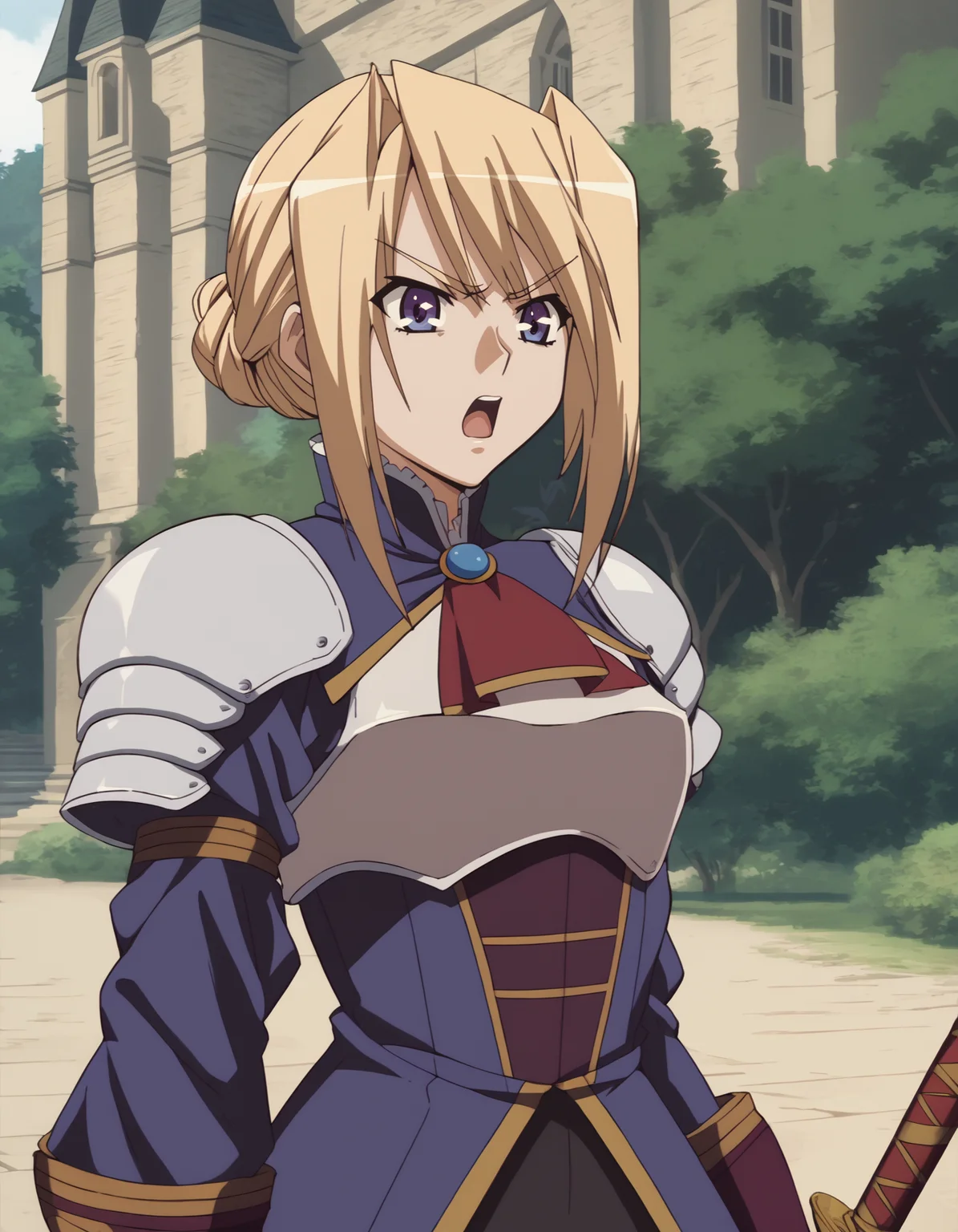 score_9, score_8_up, score_7_up, <lora:sylvia-ponyxl:0.95> hossen, high collar, ascot, breastplate, pauldrons, blue sleeves, open dress, black pantyhose
1girl, solo, angry, open mouth, sword, outdoors, castle, upper body