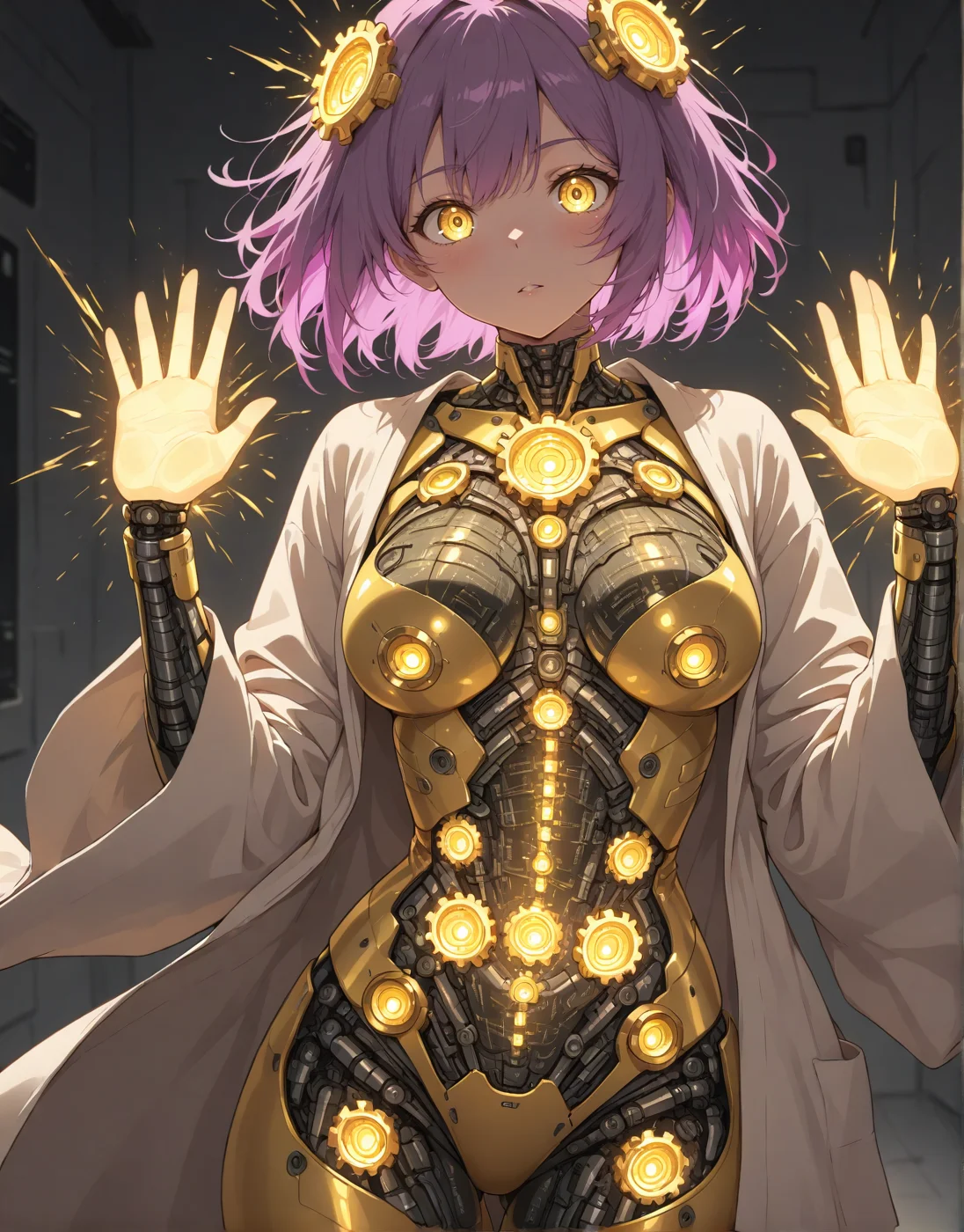 masterpiece, best quality, good quality, very aesthetic, absurdres, newest, 8K, depth of field, in the style of cknc, artist:moriimee, in the style of cksc,
1girl, short purple hair, glowing streaks, yellow eyes, medium breasts, firm, circuit-patterned robe, glossy skin, casting hologram, looking at viewer, from front
BREAK
futuristic lab, glowing screens, sparks flying
BREAK
cool tones, neon glow, high contrast, reflective surfaces, rich details, intense atmosphere,gearform, gear transformation, <lora:v1_ya_gearform:1>