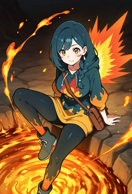 masterpiece, best quality, 1girl, solo, dynamic pose, mature female, zzCyndaquil, 1girl, solo, side braid with glowing ember clip, layered bangs, cropped fleece hoodie with flame print lining, thermal leggings, leather satchel with soot markings, ankle boots with molten accents, sitting beside a riverbank firepit at twilight. ,<lora:CyndaquilPokedex_IXL:1.0>,