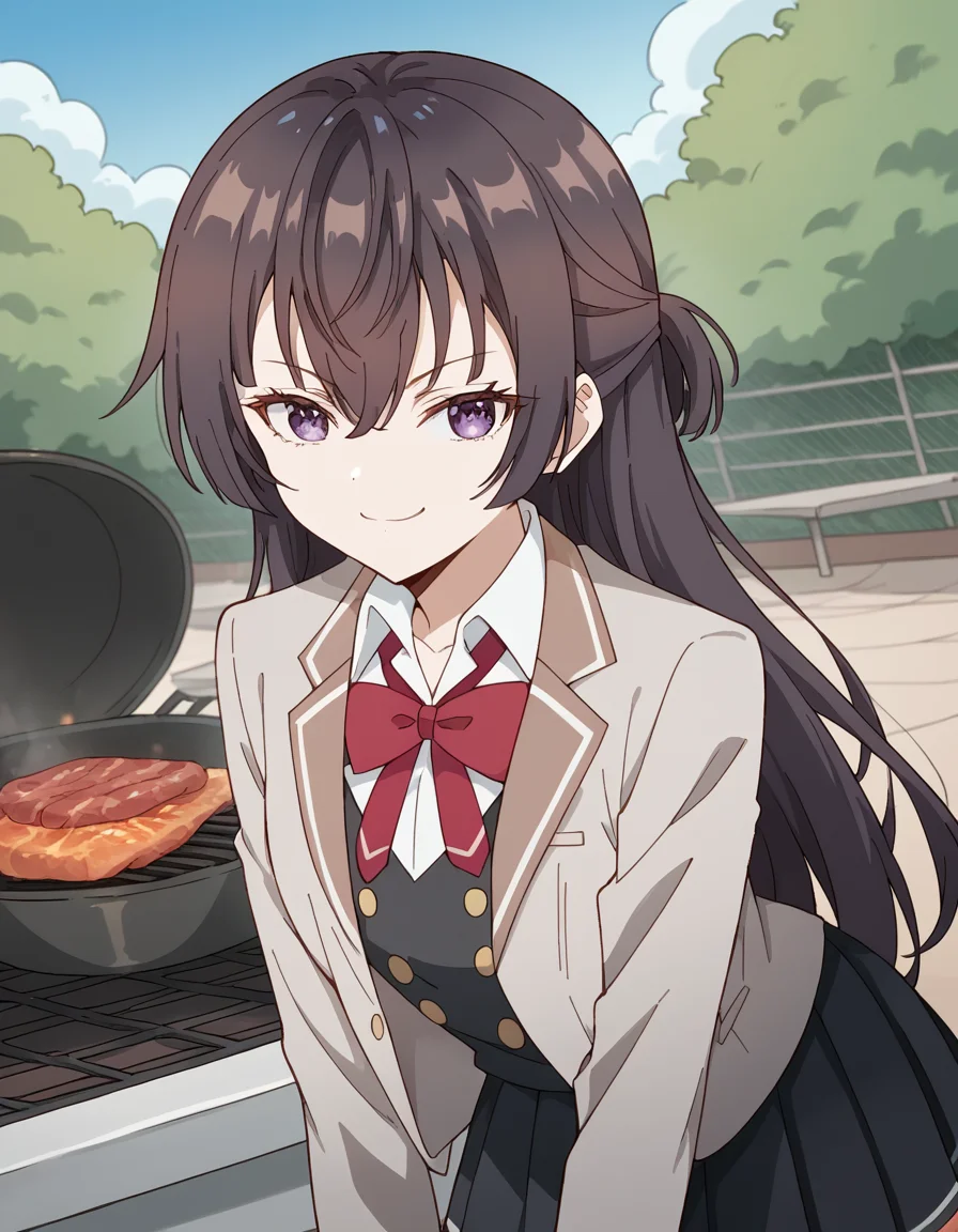 score_9, score_8_up, score_7_up, source_anime, <lora:yuki-suou-s1-ponyxl-lora-nochekaiser:1>, yuki suou, long hair, bangs, brown hair, black hair, hair between eyes, purple eyes, half updo,, shirt, bow, school uniform, jacket, white shirt, collared shirt, bowtie, red bow, blazer, red bowtie, black skirt, pleated skirt,, backyard, barbecue, grilling, laughter, summer evening, , looking at viewer, bent over, smile, smug,, solo,, cowboy shot, dutch angle