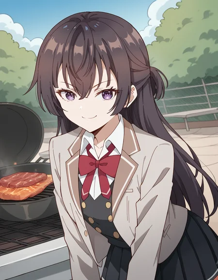 score_9, score_8_up, score_7_up, source_anime, <lora:yuki-suou-s1-ponyxl-lora-nochekaiser:1>, yuki suou, long hair, bangs, brown hair, black hair, hair between eyes, purple eyes, half updo,, shirt, bow, school uniform, jacket, white shirt, collared shirt, bowtie, red bow, blazer, red bowtie, black skirt, pleated skirt,, backyard, barbecue, grilling, laughter, summer evening, , looking at viewer, bent over, smile, smug,, solo,, cowboy shot, dutch angle