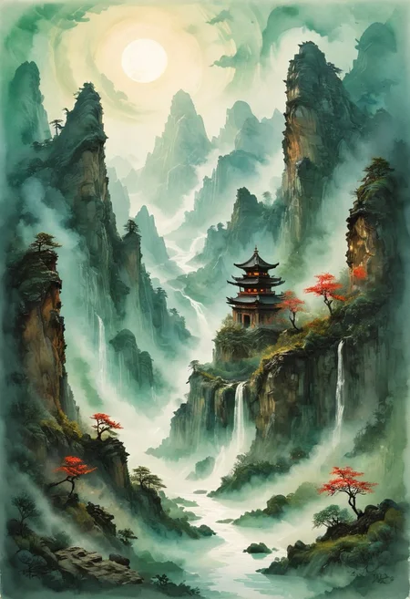 (Ink illustration on parchment, watercolor, ink splashes, Ukiyo-E). ((watercolor)), ((Chinese landscape)), Pagodas, Red-Trees, landscape focus, small figure off-side, Chinese Mountains, Rivers, Clouds, with watercolor washes, (((verdant green landscape))), (((mist, waterfalls))), trees, lush foliage, endless karth mountains that stretch outward to the horizon, a lone woman traversing the landscape!! wearing a bright blue cloak to make the miniscule figure stand out in a landscape dotted with the ruins of an ancient destroyed civilisation, crumbling stone, degraded buildings and temple, a long magical aurora borealis stretching across the sky, a broken moon high in the sky partially turned into an asteroid belt, a Saturn-like ringed-planet world, flickers of magical energy illuminating the land, in the far distance a giant wall of smoke is rising from the shattered earth in which a multitude of faces are forming and screaming, Ink splashes, rough ink sketch, Ghibli style, high contrast, stylized, dark skin, close up on face, head and shoulder, leather medieval top with lowered hood, Art Nouveau Style, detailxl, BadDream, dioramas,