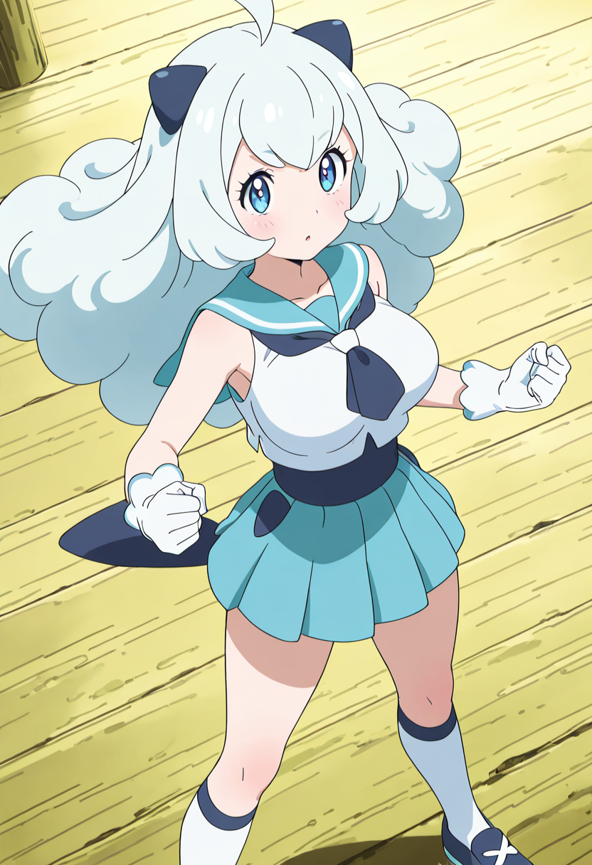 masterpiece, best quality, 1girl, solo, eyelashes, (beautiful eyes), dynamic pose,   zzOshawott, 1girl, solo, short fluffy white hair, sea-swept fringe, cropped sailor blouse with shell clasp, pleated blue skirt, knee-high white socks, pearl-stitched gloves, standing on a wooden dock beside rolling waves. (large breasts, aged up),   ,<lora:OshawottPokedex_IXL_v1:1.0>,