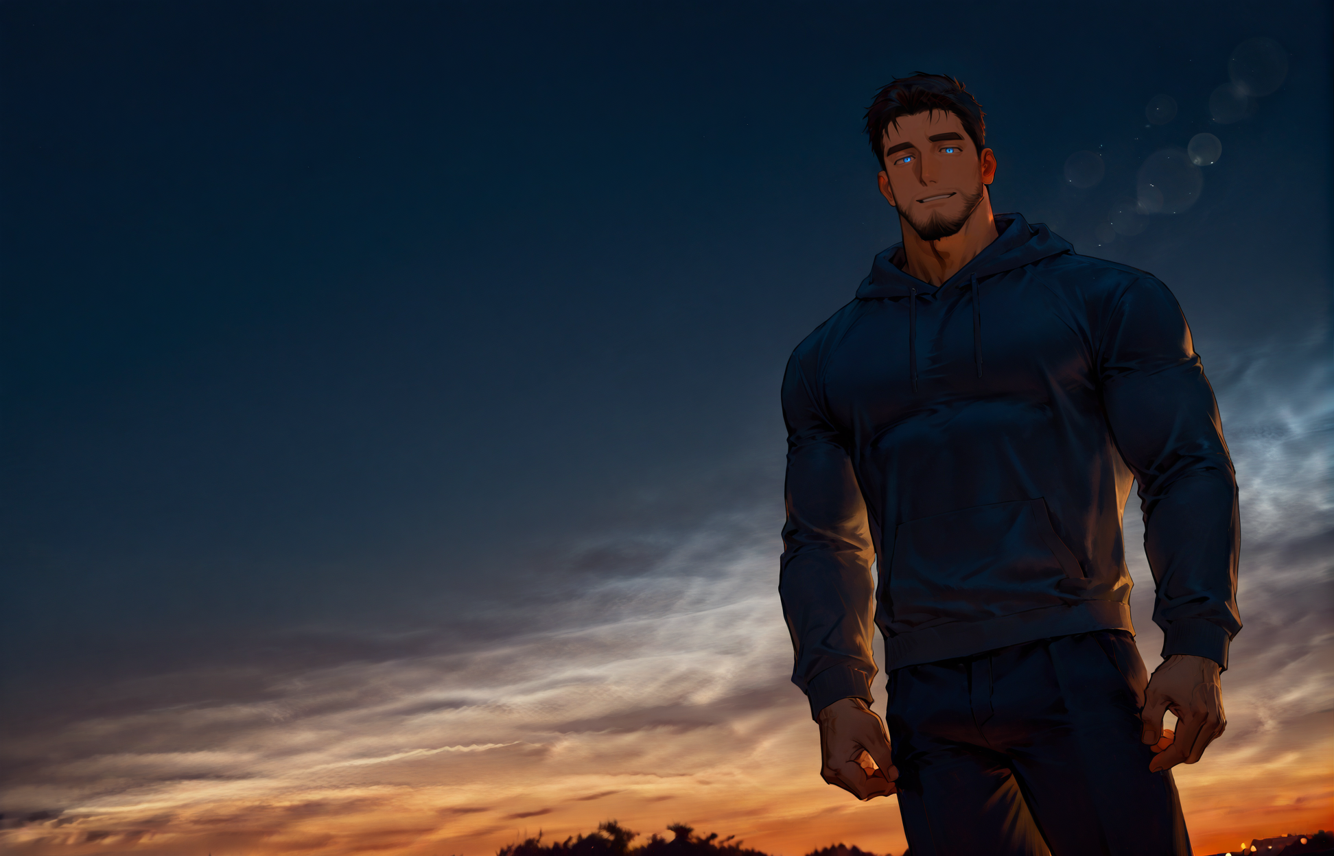 <lora:Noctilucent-15:1> muscular man, Noctilucent Clouds, gradient sky, sunset, outdoors, sky, scenery, muscular man, bokeh, backlight, lens flare, depth of field,  
(very short hair, beard, bara, mature, facial hair, stubble, beard, full beard, sideburn, beard, a lot of beard, ), facial hair,male focus, muscular male, muscular male, bara, mature,  bara, mature, dutch angle,
aixiwuganda_(20222192), very awa, masterpiece, best quality, absurdres, newest, perfect quality, detailed background, intricate details,
<lora:slider_Body Type_alpha1.0_rank4_noxattn_last:2><lora:style_Anime Summer Days 2 Style SDXL_LoRA_Pony Diffusion V6 XL:.6><lora:slider_cfg_scale_boost:.7><lora:face_Artist6p-10:.55>, Artist6p, Artist04p,<lora:slider_il_brightness_slider_d1:-1><lora:slider_il_contrast_slider_d1:-1><lora:slider_DarkSlider1.2_alpha1.0_rank16_full_300steps:-.6>