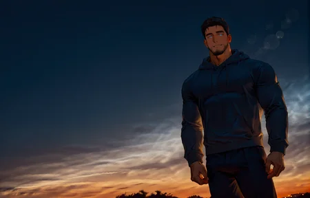 <lora:Noctilucent-15:1> muscular man, Noctilucent Clouds, gradient sky, sunset, outdoors, sky, scenery, muscular man, bokeh, backlight, lens flare, depth of field,  
(very short hair, beard, bara, mature, facial hair, stubble, beard, full beard, sideburn, beard, a lot of beard, ), facial hair,male focus, muscular male, muscular male, bara, mature,  bara, mature, dutch angle,
aixiwuganda_(20222192), very awa, masterpiece, best quality, absurdres, newest, perfect quality, detailed background, intricate details,
<lora:slider_Body Type_alpha1.0_rank4_noxattn_last:2><lora:style_Anime Summer Days 2 Style SDXL_LoRA_Pony Diffusion V6 XL:.6><lora:slider_cfg_scale_boost:.7><lora:face_Artist6p-10:.55>, Artist6p, Artist04p,<lora:slider_il_brightness_slider_d1:-1><lora:slider_il_contrast_slider_d1:-1><lora:slider_DarkSlider1.2_alpha1.0_rank16_full_300steps:-.6>
