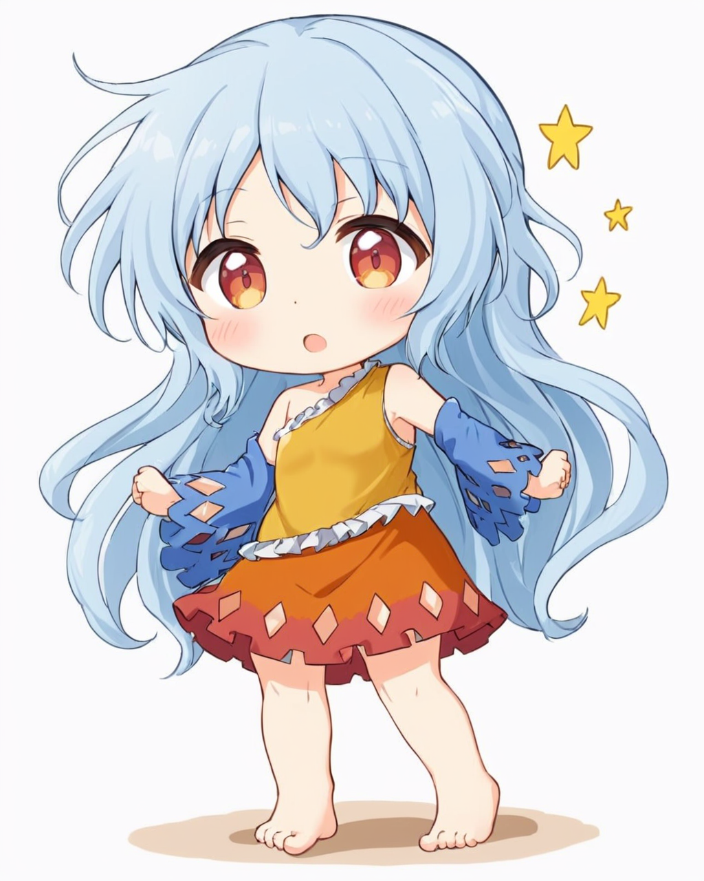sakata nemuno,1girl, solo, open_mouth, barefoot, white_background, single_strap, full_body, detached_sleeves, simple_background, multicolored_dress, traditional_media, chibi, blue_sleeves, looking_at_viewer, orange_dress, :d, blush, red_dress, bare_shoulders, yellow_dress, standing
<lora:sakata_nemuno_image573_2023-12-20-000015:1>,star-shaped_pupils,symbol-shaped_pupils,. gorgeous,key visual, vibrant, studio anime,award-winning, professional, highly detailed,high budget, cinemascope
