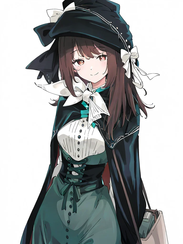 1girl,solo,looking at viewer,simple background,white background,smile,cowboy shot,<lora:semmelweis-000012>,(semmelweis:1.2),brown hair,, masterpiece, best quality, very aesthetic, absurdres,newest, incredibly absurdres,, (Ixy:0.6)),(hiten \(hitenkei\):0.7),
