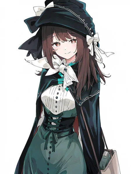 1girl,solo,looking at viewer,simple background,white background,smile,cowboy shot,<lora:semmelweis-000012>,(semmelweis:1.2),brown hair,, masterpiece, best quality, very aesthetic, absurdres,newest, incredibly absurdres,, (Ixy:0.6)),(hiten \(hitenkei\):0.7),