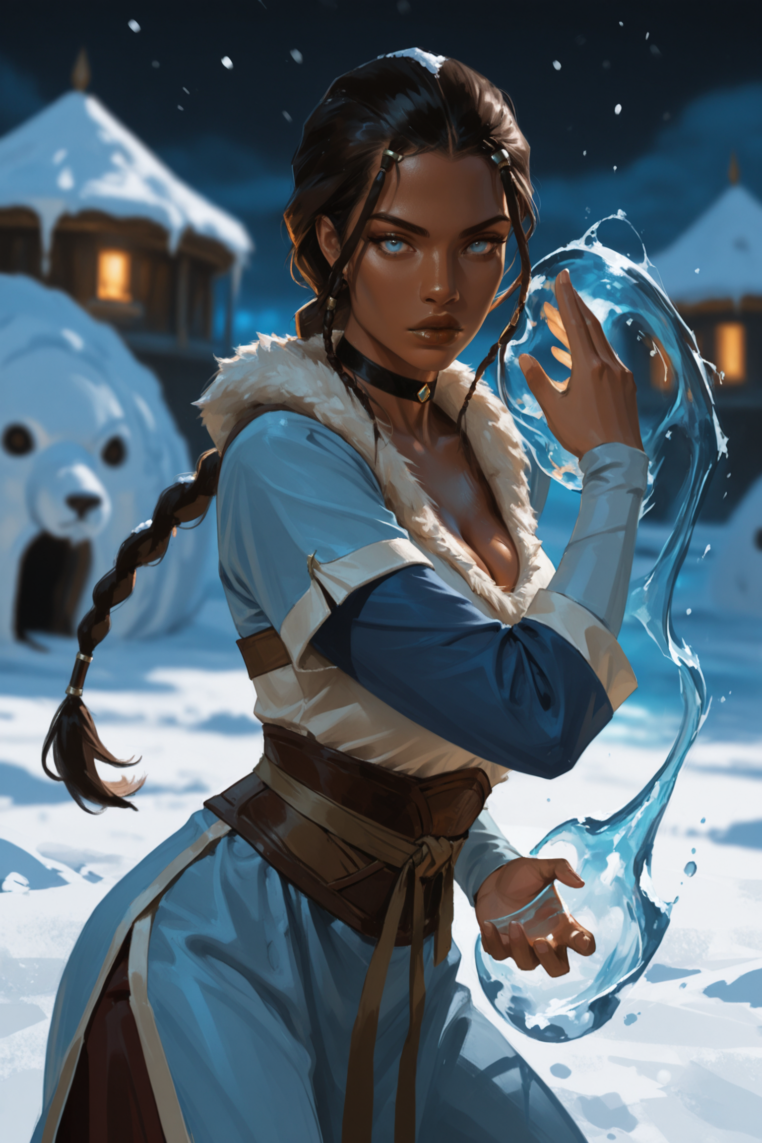 1girl, hydrokinesis, water, solo, blue eyes, long hair, braid, choker, layered sleeves, short over long sleeves, single braid, braided ponytail, cowboy shot, dark skin, , dark-skinned female, brown hair, short sleeves, blurry, black hair, black choker, long sleeves, jewelry, breasts, blurry background, lips, katara, fighting stance, hand up, waterbending blue clothes, brown lips, cleavage, blue sleeves, looking at viewer, avatar: the last airbender, hair_tubes, night, snow, winter, fur trim, glowing water, igloo, masterwork, masterpiece, best quality,  detailed, depth of field, , high detail, best quality, very aesthetic, 8k, dynamic pose, depth of field, dynamic angle, adult,  aged up
