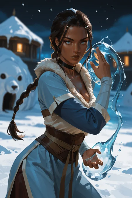1girl, hydrokinesis, water, solo, blue eyes, long hair, braid, choker, layered sleeves, short over long sleeves, single braid, braided ponytail, cowboy shot, dark skin, , dark-skinned female, brown hair, short sleeves, blurry, black hair, black choker, long sleeves, jewelry, breasts, blurry background, lips, katara, fighting stance, hand up, waterbending blue clothes, brown lips, cleavage, blue sleeves, looking at viewer, avatar: the last airbender, hair_tubes, night, snow, winter, fur trim, glowing water, igloo, masterwork, masterpiece, best quality, detailed, depth of field, , high detail, best quality, very aesthetic, 8k, dynamic pose, depth of field, dynamic angle, adult, aged up