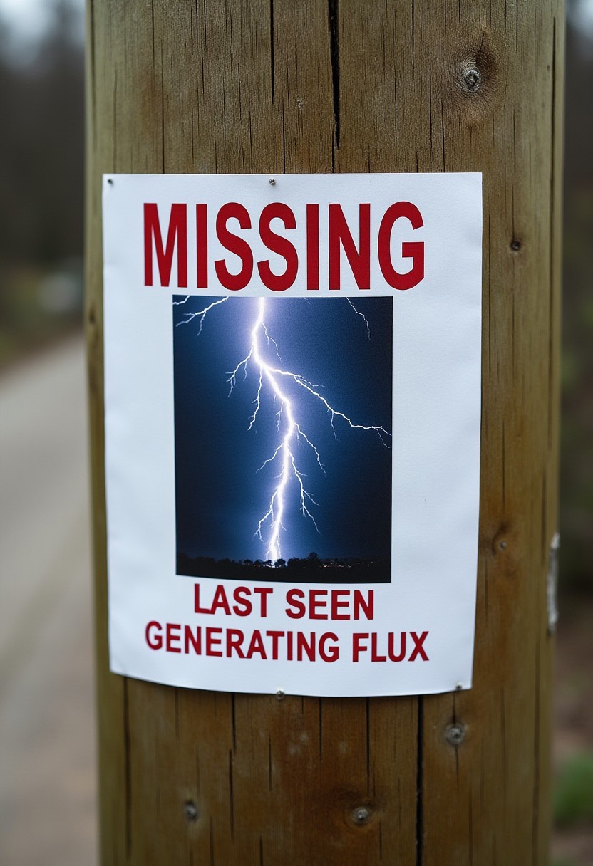 A missing poster on a wooden pole with an image of a lightning strike emoji on it, (((text at the top says ‘MISSING’ and the text on the bottom says ‘LAST SEEN GENERATING FLUX’)))