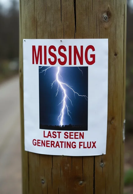 A missing poster on a wooden pole with an image of a lightning strike emoji on it, (((text at the top says ‘MISSING’ and the text on the bottom says ‘LAST SEEN GENERATING FLUX’)))