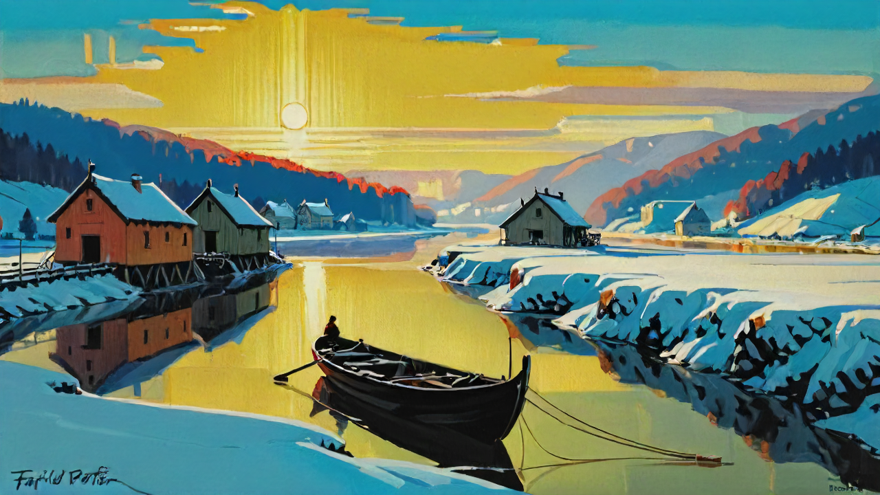 fantasy romania, by Fairfield Porter, painting, landscape of a (wide river used by keelboats to transport goods:1.2) and Snow plow, at Dawn, representational, landscapes, still life, Romantic, Baroque Art, specular lighting, L USM, Vivid Colors, most beautiful artwork in the world, beautiful, <lora:softdigital2x2:1>, shiny, very inspirational, beautiful, atmosphere, highly complex, highly enhanced
