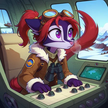 Dreamkeepers,Indi_and_Digo,1girl,solo,furry,tail,source_furry,,red hair,purple fur, purple eyes,
child, kid,
in a fur-lined coat pilots a steam-powered airship over glaciers. Ice crystals cling to her goggles, and a map of the tundra flutters in her hand. A robotic husky barks at polar bears below, airship, arctic, steampunk, goggles, fur_coat, glacier, map, robotic_dog, polar_bear, ice_crystals, steam_engine, pilot, cockpit, cold_breath, determined_expression, propeller, binoculars, snowy_mountains, dynamic_angle